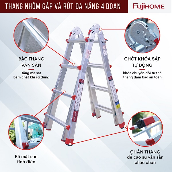 Thang nhôm gấp và rút đa năng 4 đoạn FUJIHOME ML44