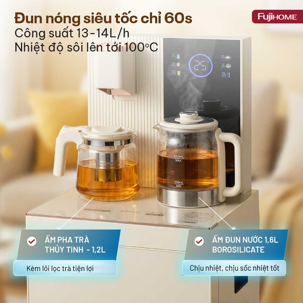 Cây nước bàn trà cao cấp có ngăn khử khuẩn UV Fujihome TB238N-UV