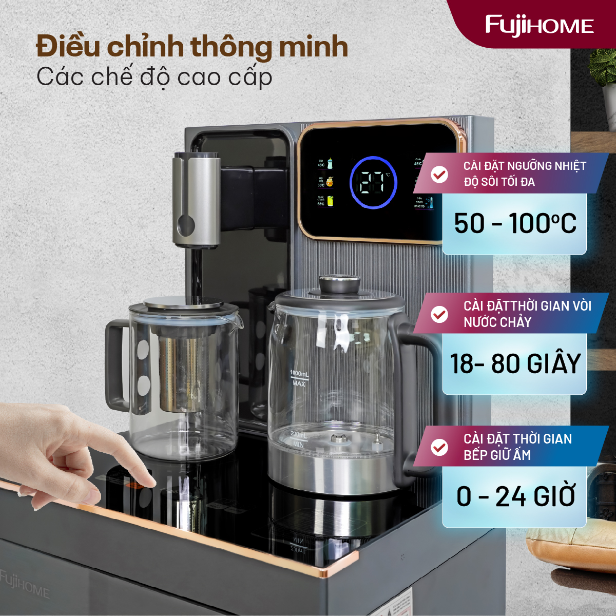 Cây nước nóng lạnh bàn trà có ngăn khử khuẩn UV Fujihome TB241UV
