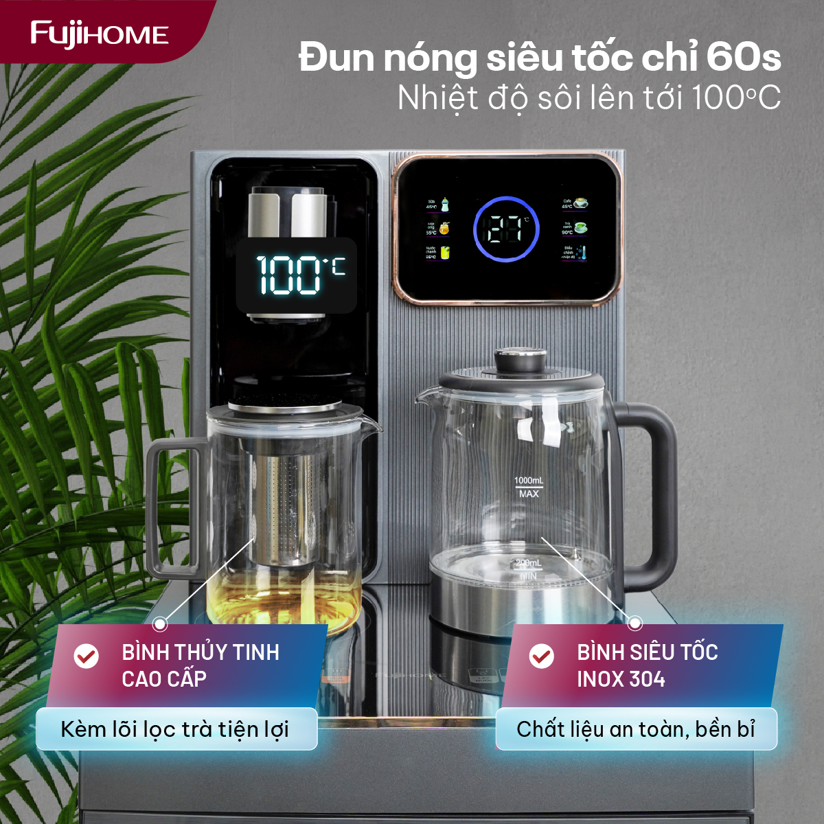 Cây nước nóng lạnh bàn trà có ngăn khử khuẩn UV Fujihome TB241UV