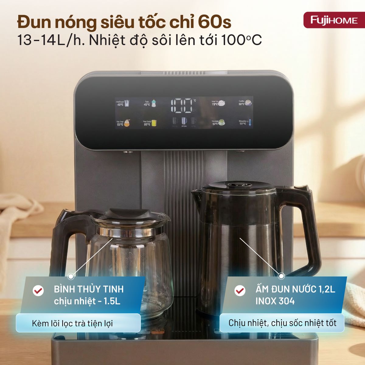 4-8 Cây nước nóng lạnh kết hợp bàn pha trà, cafe Fujihome TB243AN
