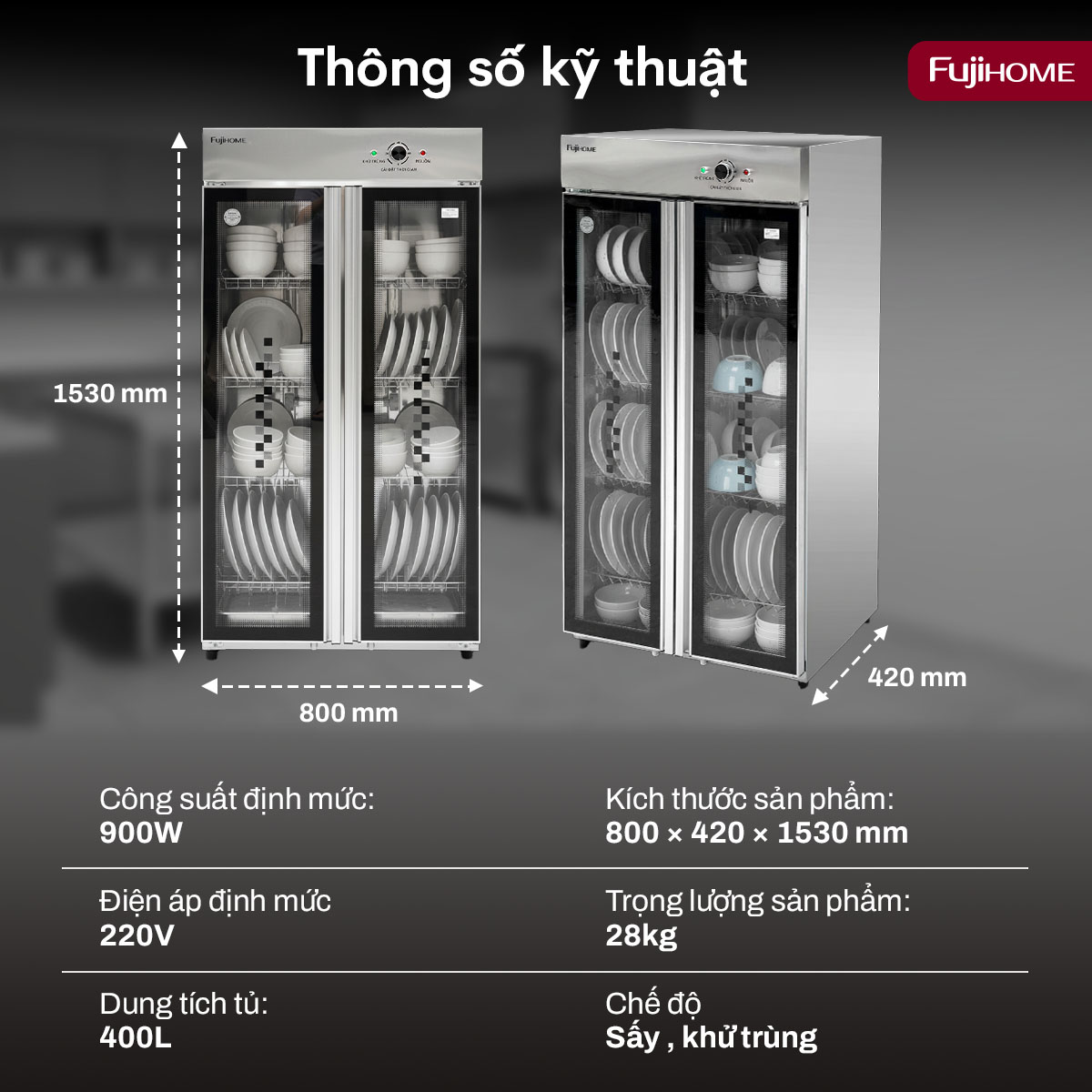 Tủ sấy chén bát tiệt trùng dung tích lớn Fujihome DD400A