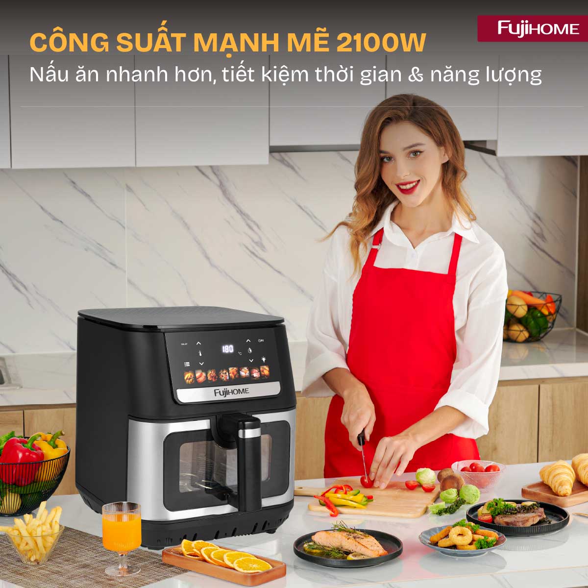 artboard-10a9dh Thiết kế kiêu hãnh, hào quang công nghệ - hơn cả một thiết bị gia dụng Không chỉ là nồi chiên, đây là biểu tượng của sự sang trọng và tiện nghi, nâng tầm không gian bếp của bạn. Vật liệu cao cấp: Thân vỏ kết hợp giữa nhựa PP cao cấp và inox sáng bóng, tạo nên vẻ ngoài đẳng cấp, bền bỉ và dễ dàng vệ sinh. Họa tiết bắt mắt: Lớp phủ trên cùng với họa tiết các hạt độc đáo cùng góc bo tròn tinh tế vừa an toàn, vừa thu hút mọi ánh nhìn. Cửa kính lớn dễ dàng quan sát: kính trong suốt kết hợp ánh sáng đèn nhiệt bên trong khoang nồi, tạo nên một "sân khấu" lung linh, nơi bạn có thể chiêm ngưỡng trọn vẹn quá trình biến đổi kỳ diệu của món ăn. Mỗi khoảnh khắc đều trở thành một trải nghiệm thị giác đầy hứng khởi! Tay cầm linh hoạt: Dễ dàng tháo rời, giúp việc vệ sinh và cất giữ trở nên đơn giản, tiết kiệm không gian tối đa.