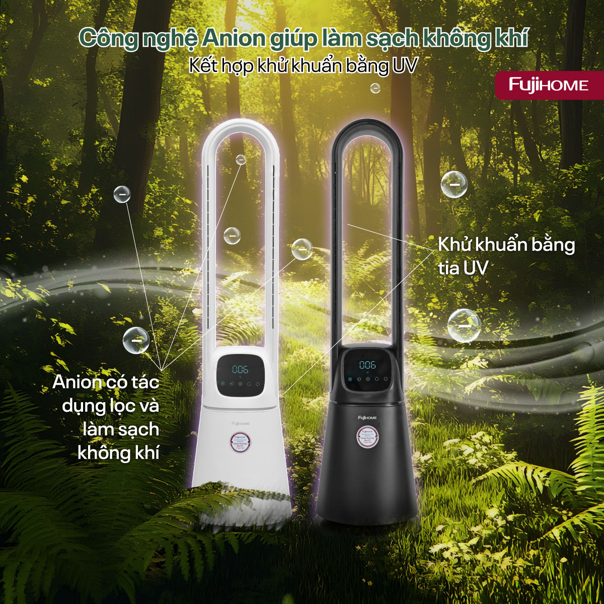 bf065-08 Quạt không cánh lọc không khí khử khuẩn Anion+ UV, kết nối WIFI Fujihome BF065