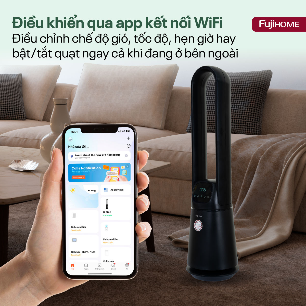 bf065-13 Quạt không cánh lọc không khí khử khuẩn Anion+ UV, kết nối WIFI Fujihome BF065