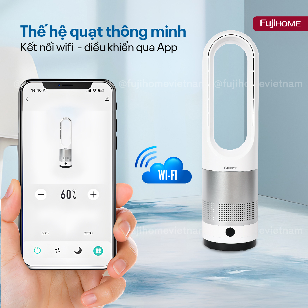 Quạt không cánh lọc không khí khử khuẩn Anion + UV kết nối WIFI Fujihome BF18