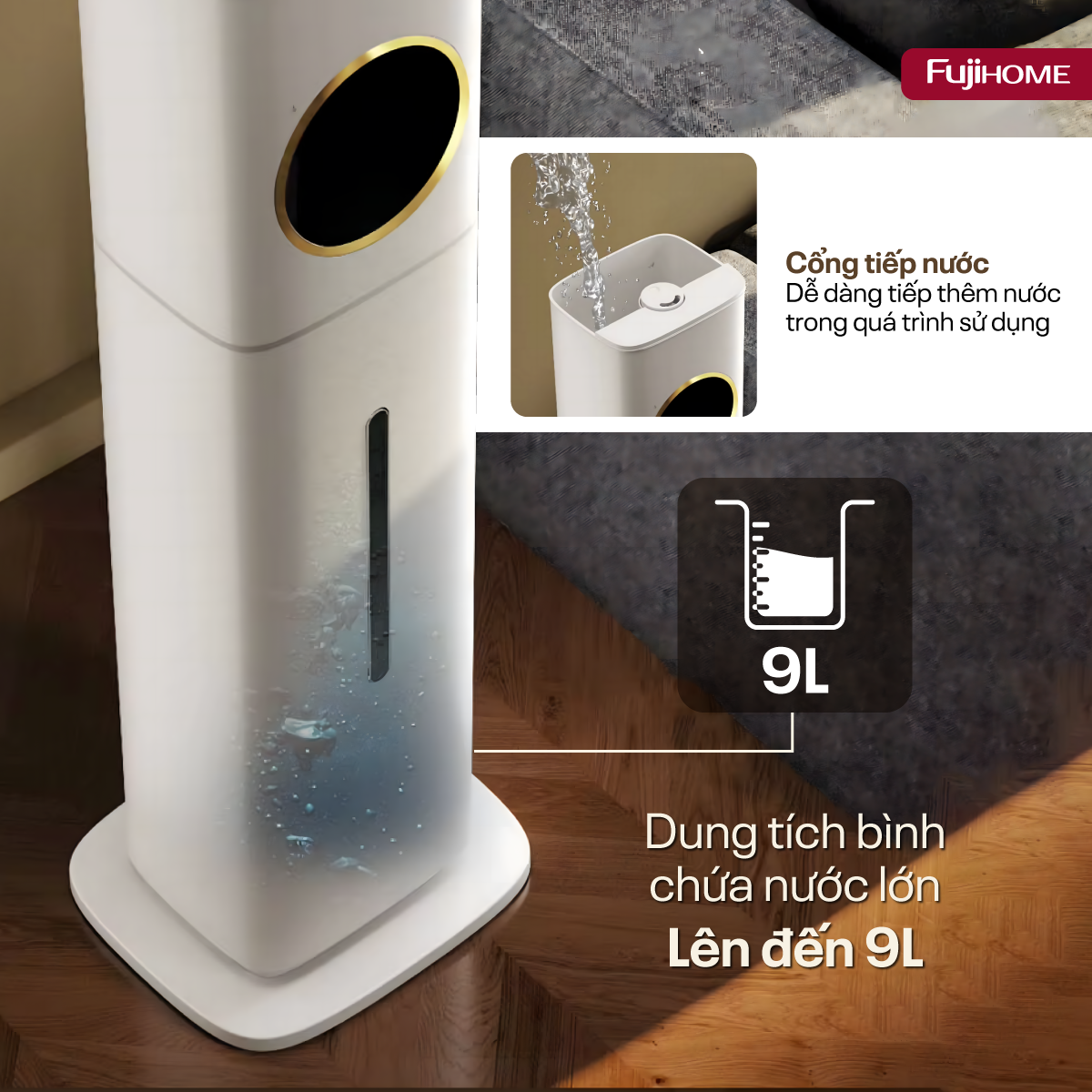 Máy tạo ẩm, xông tinh dầu, khử khuẩn UV dung tích lớn Fujihome HM09UV1
