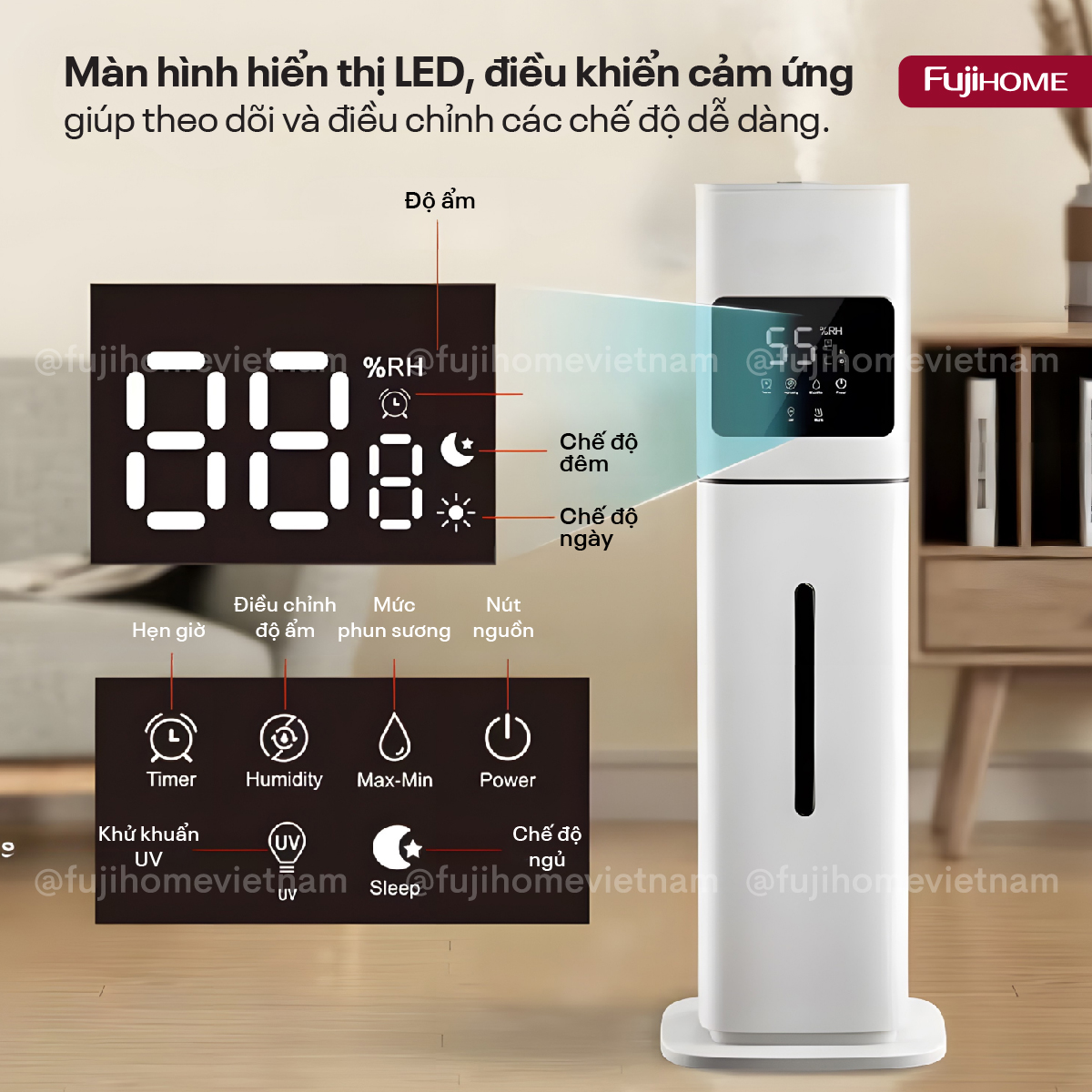 Máy Tạo Ẩm, Xông Tinh Dầu, khử khuẩn UV dung tích lớn Fujihome HM09UV2