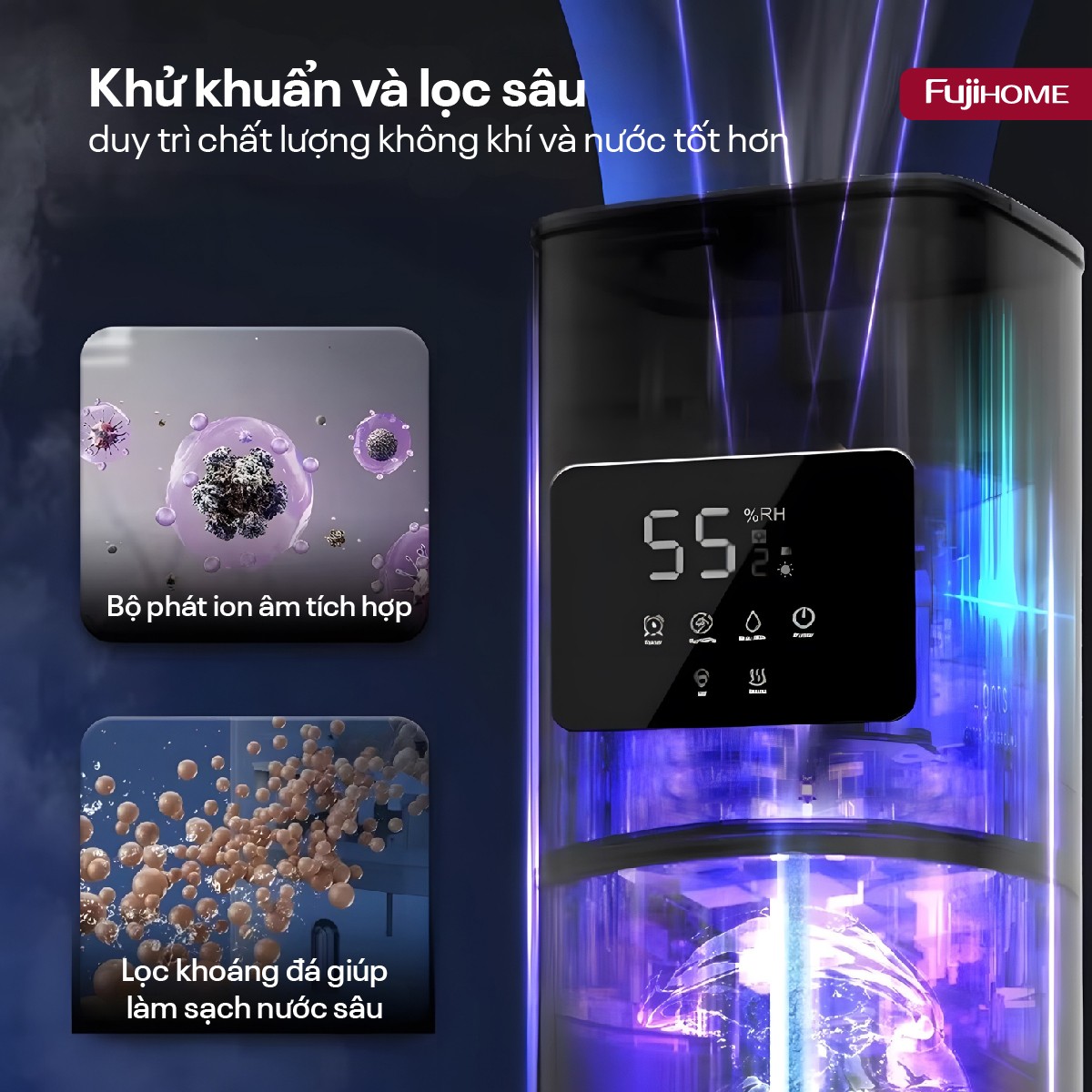 Máy Tạo Ẩm, Xông Tinh Dầu, khử khuẩn UV dung tích lớn Fujihome HM09UV2