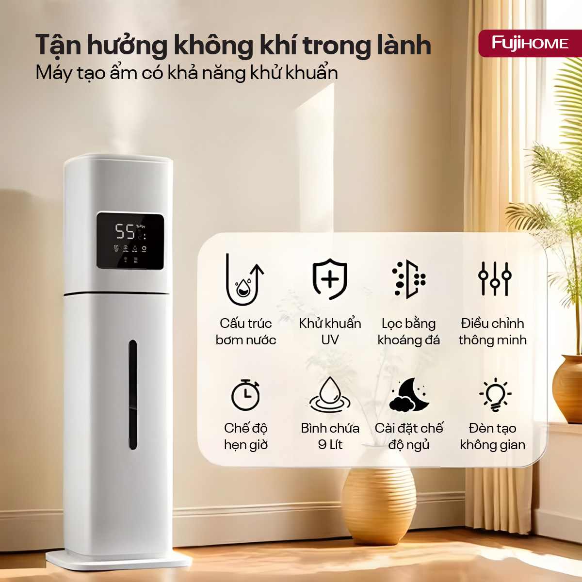 Máy Tạo Ẩm, Xông Tinh Dầu, khử khuẩn UV dung tích lớn Fujihome HM09UV2
