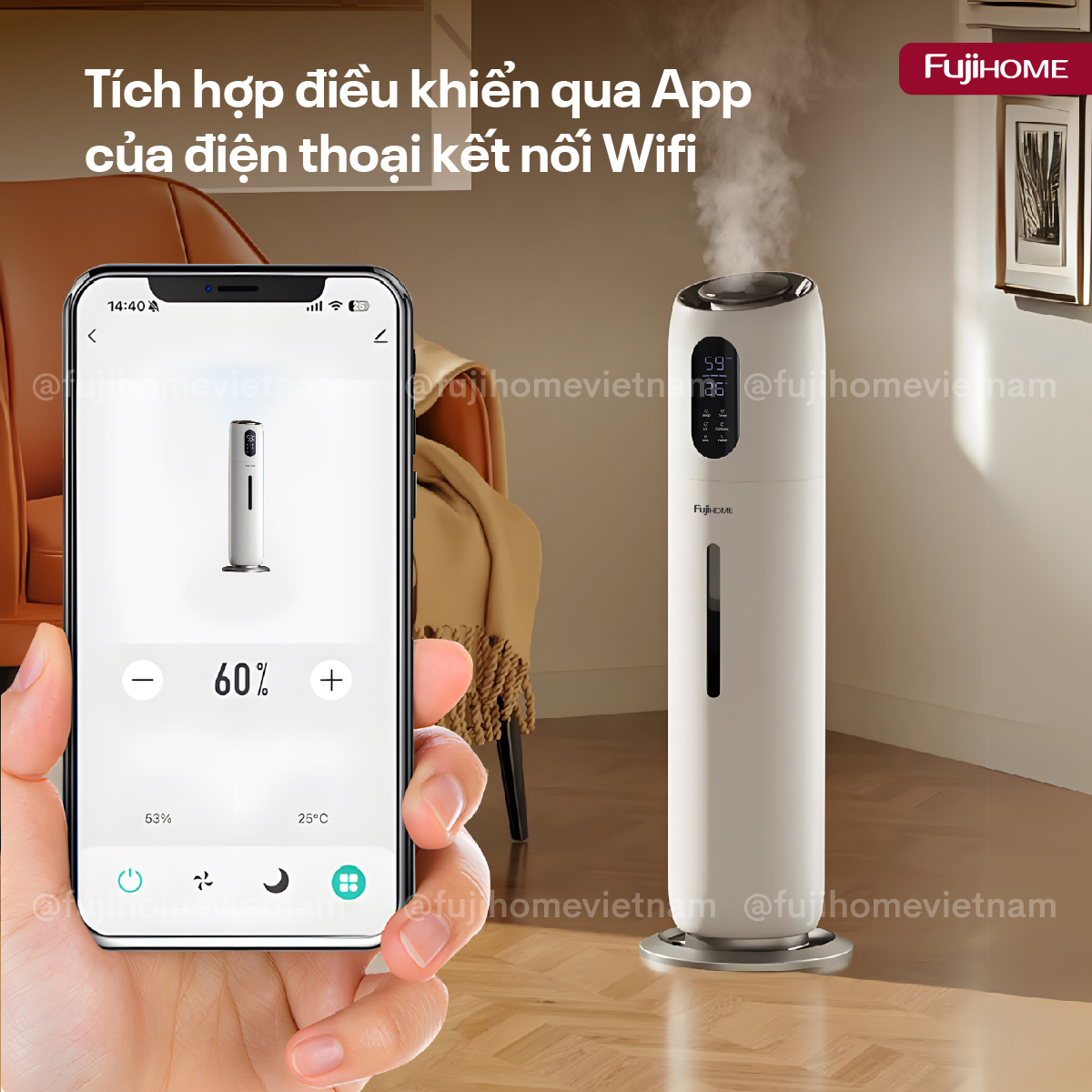 Máy Tạo Ẩm, Xông Tinh Dầu, khử khuẩn UV điều khiển WIFI Fujihome HM10UV-WIFI