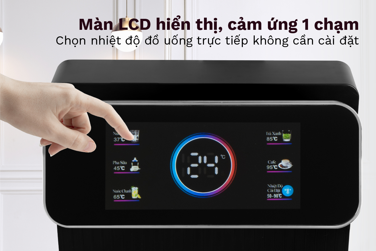 tbd22-07 Thiết kế sang trọng mặt phía trước tông màu trắng sữa nổi vân bên ngoài mặt kính . Thân vỏ làm từ nhựa PP cao cấp kết hợp khung sườn bằng thép tạo độ chắc chắn an toàn khi sử dụng .Bảng điều khiển cảm ứng trên máy nhạy chỉ với một thao tác chạm . Thân máy nhỏ gọn , có ngăn chứa đồ tiện lợi như : hộp cafe, hộp trà .ly , cốc ...phù hợp với phòng tiếp khách, phòng họp, dùng cho văn phòng cũng như gia đình với kiểu dáng hoàn toàn mới, sang trọng, hiện đại, đảm bảo vệ sinh, thân thiện môi trường.