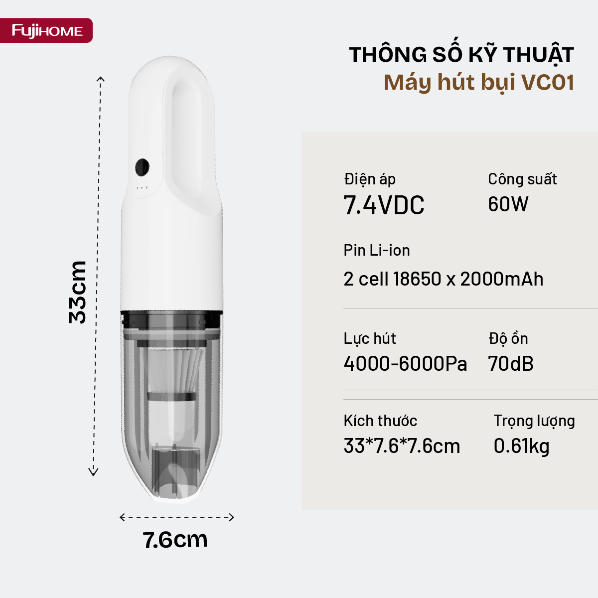 vc01-13 Máy hút bụi cầm tay không dây Fujihome VC01